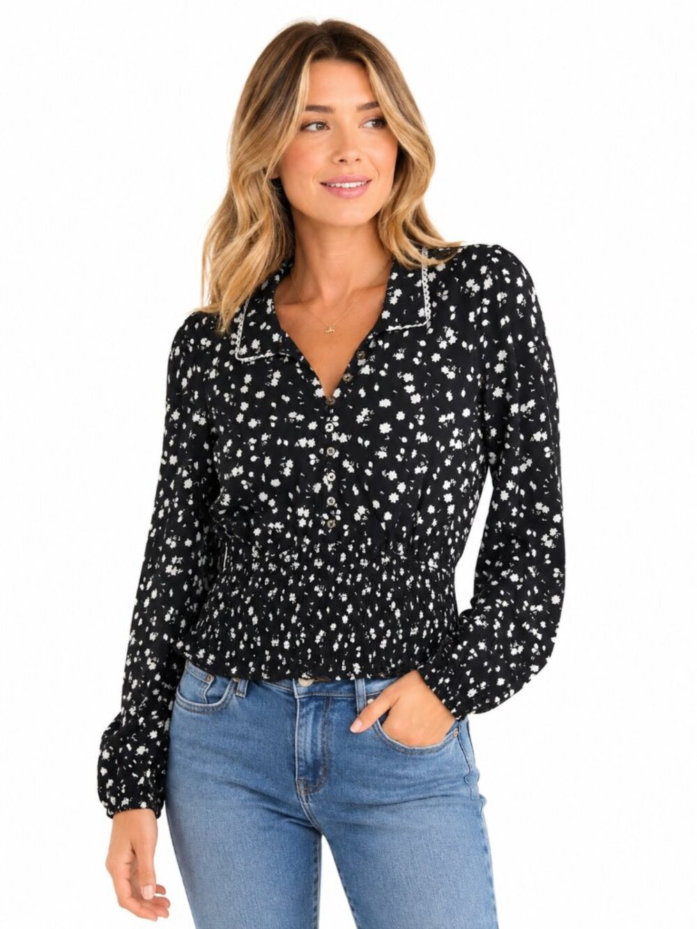 ANTHROPOLOGIE MAUVE Lg Slve Collar Button-Up Black Floral Smocked Waist Blouse M